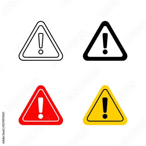 Set of Warning Signs in Black Outline, Solid Red with White, and Yellow with Black