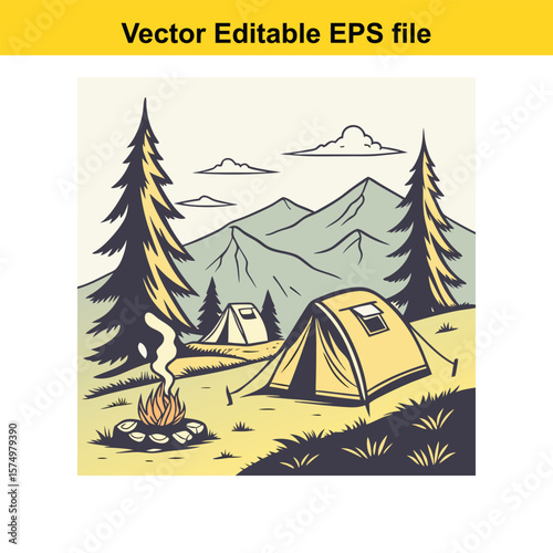 Mountain Campsite with Tents and Campfire – Outdoor Adventure Under the Stars