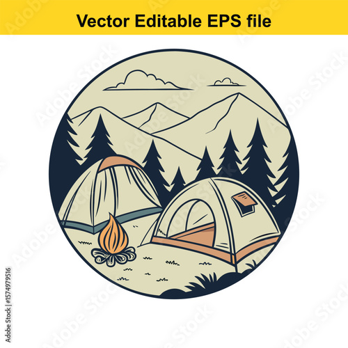 Mountain Campsite with Tents and Campfire – Outdoor Adventure Under the Stars