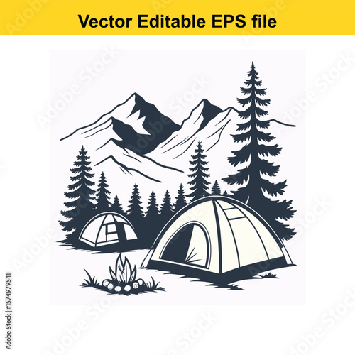 Mountain Campsite with Tents and Campfire – Outdoor Adventure Under the Stars