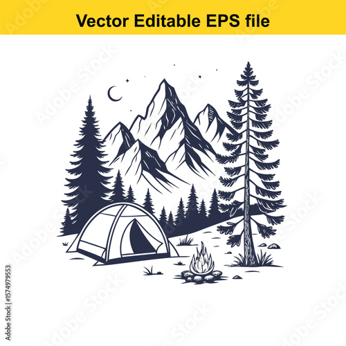 Mountain Campsite with Tents and Campfire – Outdoor Adventure Under the Stars