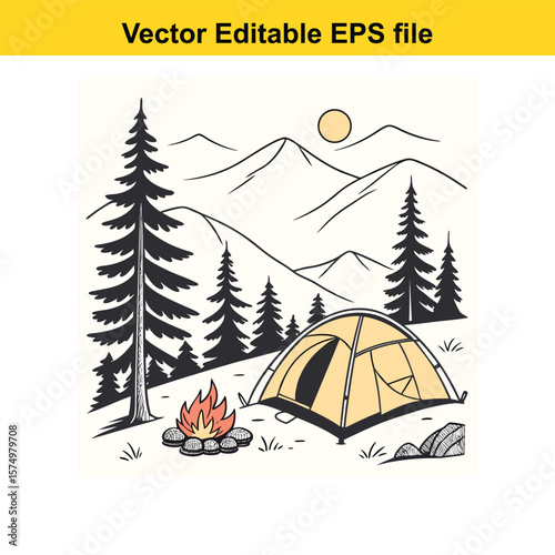 Mountain Campsite with Tents and Campfire – Outdoor Adventure Under the Stars