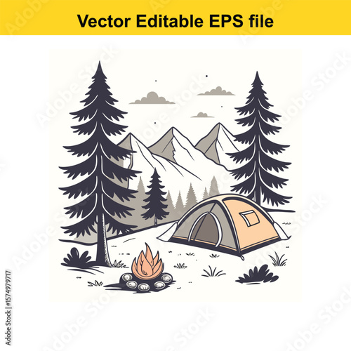 Mountain Campsite with Tents and Campfire – Outdoor Adventure Under the Stars