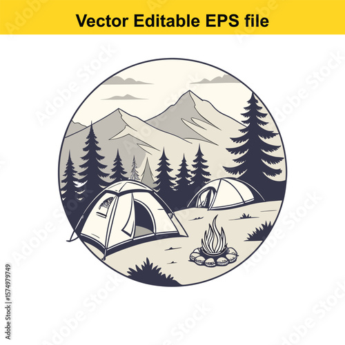 Mountain Campsite with Tents and Campfire – Outdoor Adventure Under the Stars