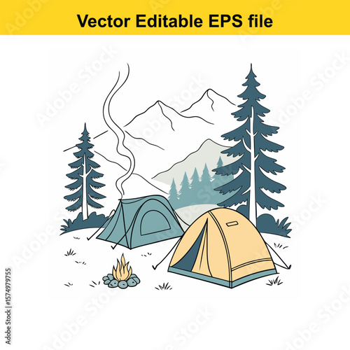 Mountain Campsite with Tents and Campfire – Outdoor Adventure Under the Stars