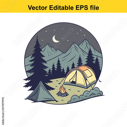 Mountain Campsite with Tents and Campfire – Outdoor Adventure Under the Stars