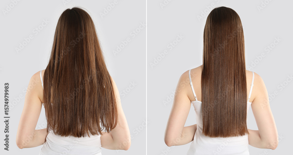 Naklejka premium Hair combing, straightening. Woman showing hairstyle before and after different procedures on light background, back view. Collage of photos