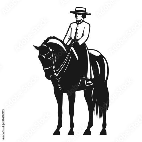 vTraditional horse rider in classic attire sitting calmly on a standing horse in black and white vector style