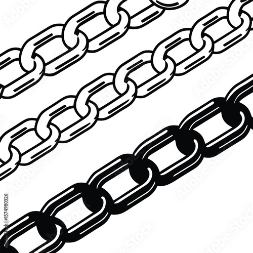 Simple Black and White Chain Link Illustration Three Lines Interconnected Metal Links Graphic Design Element