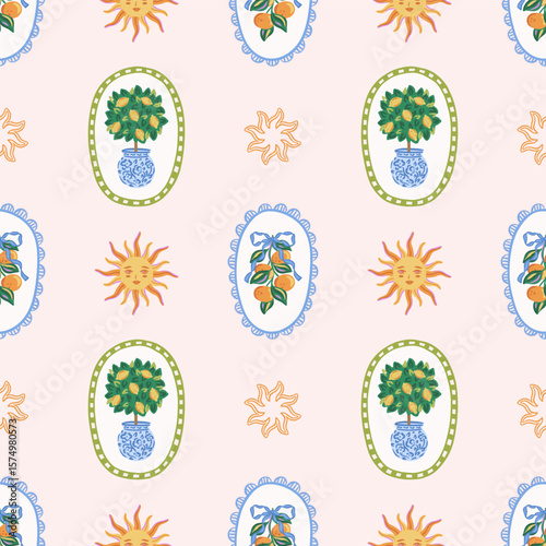 Summer seamless pattern with lemon tree in vase, tangerine fruits with ribbon and sun motifs. Hand drawn Mediterranean vector design. Citrus fruit. Italian design for textile, wallpaper, wrapping