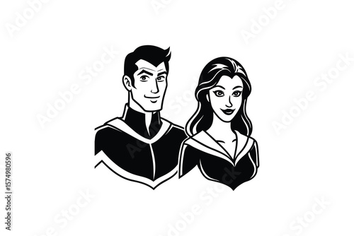 Cartoon Superhero Couple Portrait Illustration in Black and White Silhouette