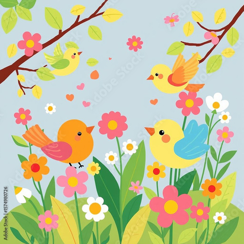 Seamless pattern of birds and flowers on tree with butterflies and leaves in a cute spring garden design