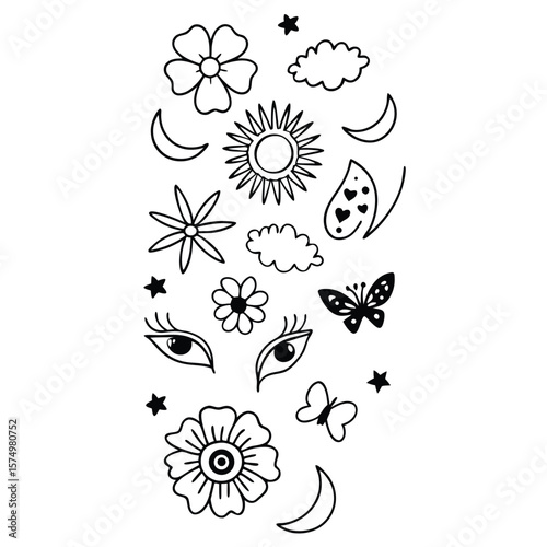 Minimalist Black and White Stylized Floral Eye Sun Moon Butterfly Stars Clouds Pattern Design eyes