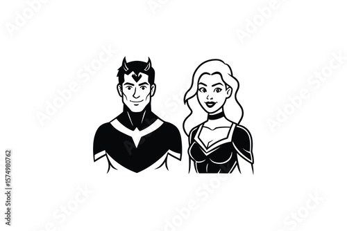 Superhero Couple Illustration in Black and White Silhouette Style silhouette