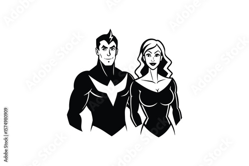 Superhero Couple Illustration in Black and White Silhouette Style