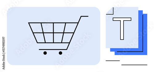 Shopping cart graphic next to layered text files in blue and white. Ideal for e-commerce, digital marketing, online shopping, data organization, product management, efficiency, simple landing page