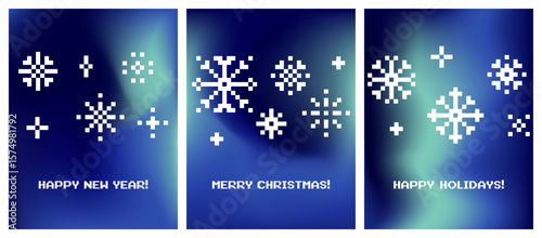Pixel snow pattern on abstract aurora gradient background. Dark navy blue and green color gradations. Various mosaic snowflake shapes. Y2k winter sky bg set for 8 bit holiday designs and decorations