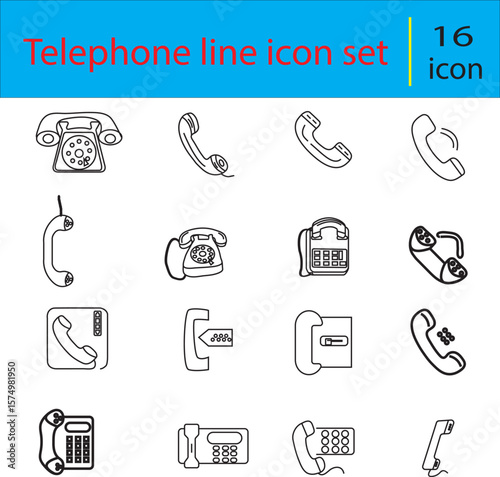 Telephone Line Icon Set: A collection of elegant line art icons represents a telephone line in various designs and styles. Capturing the history of communication