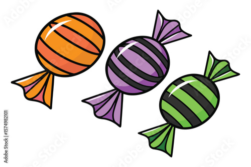 Orange purple green striped candies wrapped for halloween candy treat