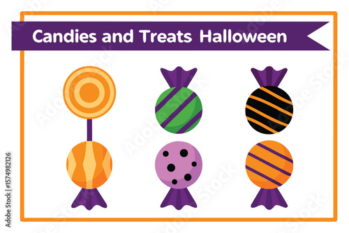 Assorted halloween candies and treats with purple wrappers candy lollipops