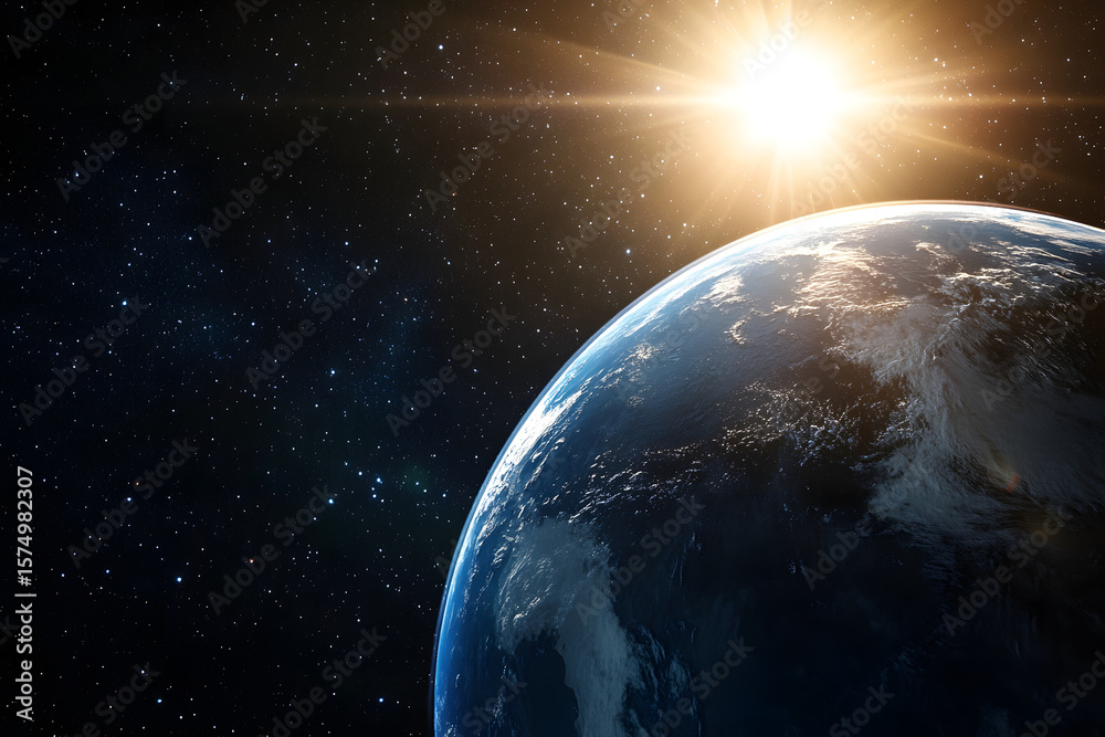 Obraz premium 3D view of Earth's orbit showing equinox position, sun rays striking equator perpendicularly, clear celestial composition