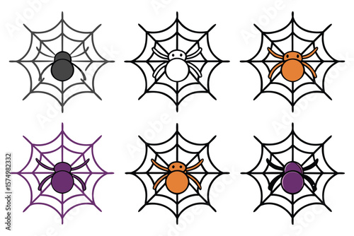 Six halloween spiders on webs orange purple gray illustration vector