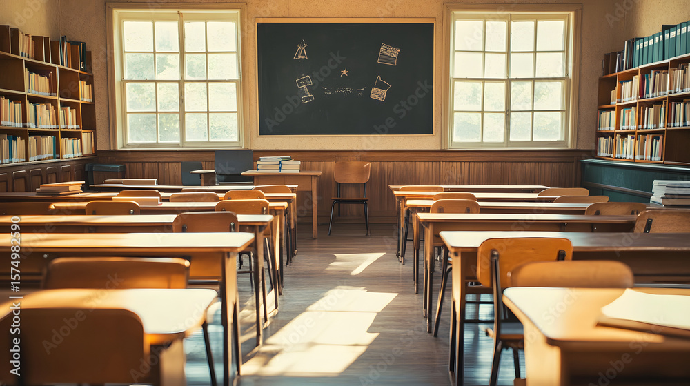 Obraz premium Classroom Ready, a tidy classroom interior with empty wooden desks, a chalkboard with simple welcome drawings, books and school supplies