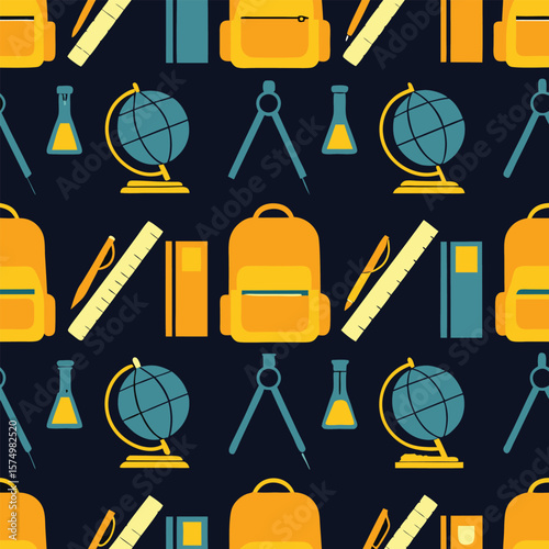Hand-Drawn Seamless Pattern School Supplies, Backpacks, and Globes
