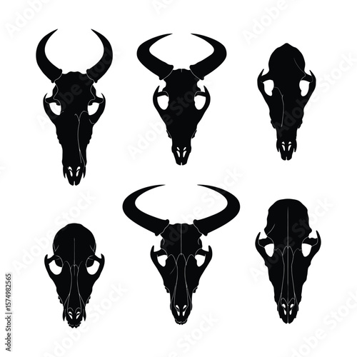A collection of six stylized animal skull silhouettes, showcasing variations in horn size and shape.