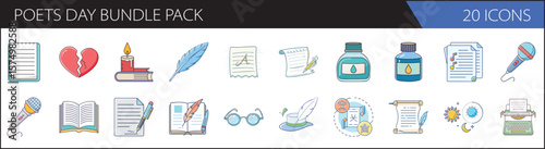 Poets Day & Literary Arts Vector Icons Bundle Pack - Flat Design Illustrations for Poetry, Writing & Creativity