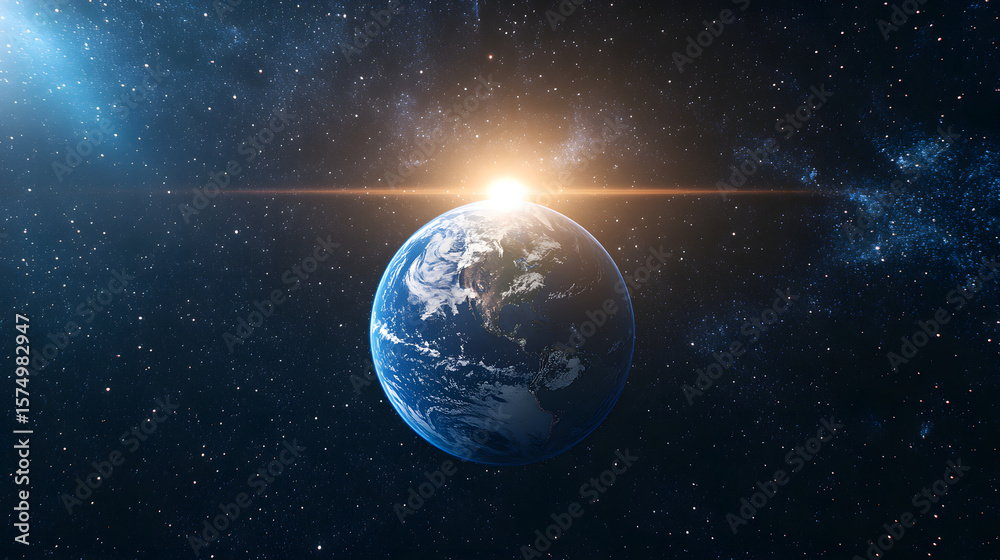Obraz premium Earth in orbit with sun positioned directly behind equator, space background with stars, equal illumination of both hemispheres, balanced cosmic light