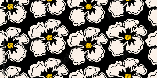 Tropical summer flower pattern seamless. black and white daisy flowers Hand drawn for textiles, wallpaper, wrapping paper, fabric, fashion, design background vector illustration