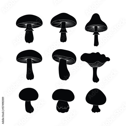 Nine mushroom silhouettes are arranged in a grid pattern against a white background, showcasing different shapes and sizes.