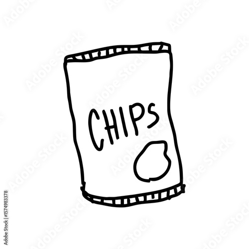 Hand drawn snack food packaging with CHIPS text in doodle vector style for fast food branding, grocery packaging or junk food concept on transparent background in bold black outline