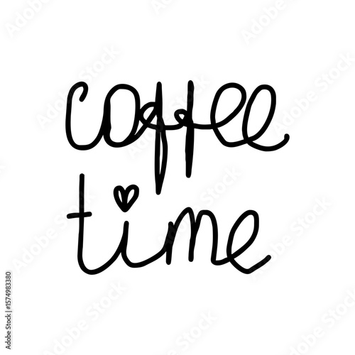 Coffee time handwritten lettering with heart icon in doodle sketch style for cozy café posters, breakfast menus, or lifestyle content on transparent background in black and white vector design.
