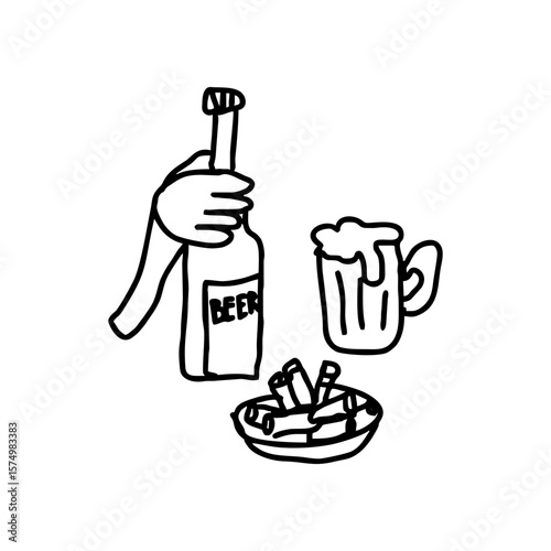Hand holding beer bottle with foam mug and cigarette-filled ashtray in doodle sketch style on transparent background. Black outline bar concept illustration for addiction, nightlife, pub culture