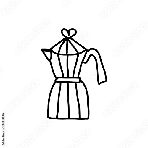 Traditional moka pot coffee maker with heart symbol in doodle sketch style for morning rituals, cozy kitchen decor or barista-themed content on transparent background in black and white vector.