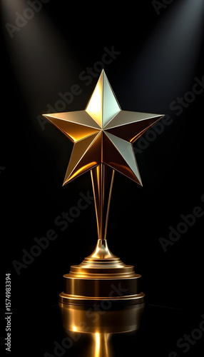 Glamorous gold star-shaped trophy on glossy black surface with dramatic lighting and reflection.

