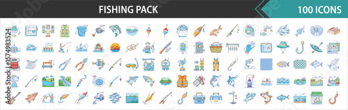 100 Fishing Icon Pack - Comprehensive Angling, Fishery, and Outdoor Adventure Vector Illustrations Set