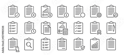 Clipboard, checklist, report, survey, and agreement icons in editable stroke outline style, flat vector illustration. on white background.