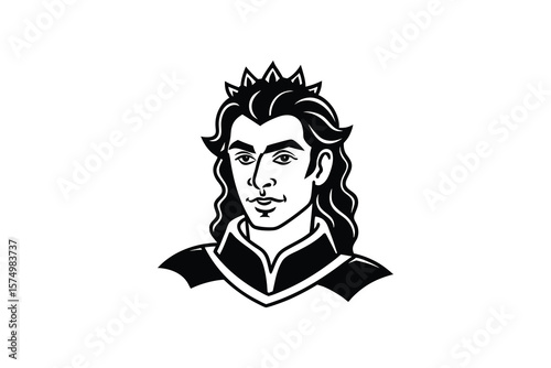 Elegant Prince with Crown and Flowing Hair in Silhouette Style silhouette