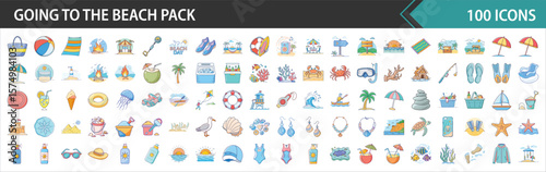 Going to the Beach Summer Vacation Icon Bundle: 100 Flat Illustrations for Seaside Activities, Travel, and Holiday Essentials