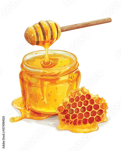 Golden Honey Jar with Honeycomb and Wooden Dipper
