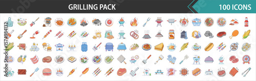 Ultimate Grilling and Barbecue Party Icon Bundle: 100 Flat Illustrations for BBQ Tools, Food, Outdoor Cooking, and Summer Gatherings