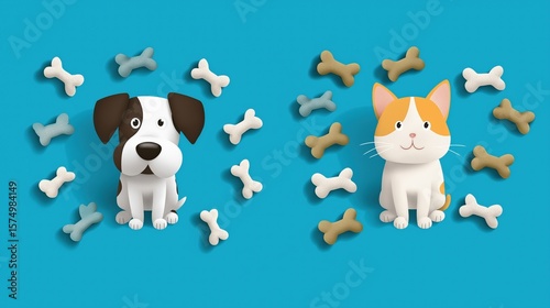Cute cartoon dog and cat surrounded by colorful bones on blue background