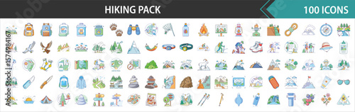 Comprehensive Hiking and Outdoor Adventure Icon Bundle: 100 Flat Illustrations of Gear, Nature, Activities, and Camping Essentials