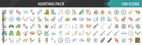 Extensive Hunting and Wildlife Outdoor Activity Icon Bundle: 100 Flat Illustrations for Sport, Gear, Animals, and Nature Exploration