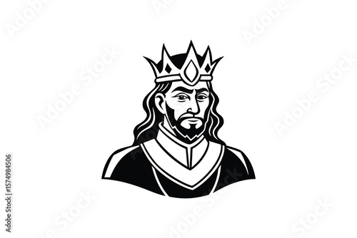 Regal King with Crown Illustration in Black and White Silhouette