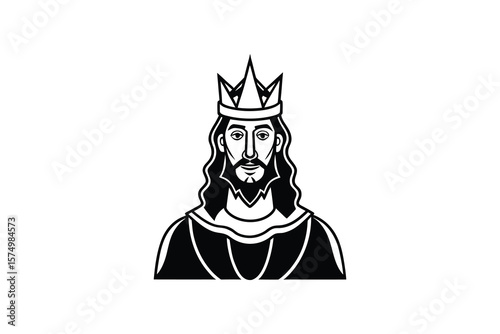 King with Crown Vector Illustration in Black and White Silhouette
