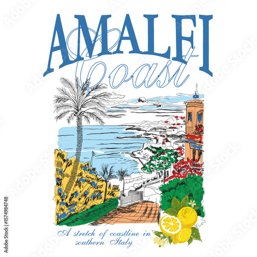 Amalfi coast Italy. hand drawn Retro abstract poster. handwriting slogan text for Amalfi graphic tee t shirt. beach cost vintage canvas posters - Vector